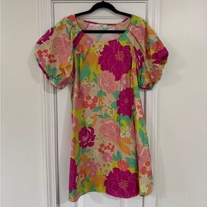 Easel Vibrant Floral Midi Dress with Puff Sleeves